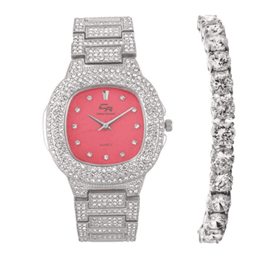 CHARLES RAYMOND Bling Bling Hip Hop Iced Out Watches Nauti Designer Look Full Shiny Diamond Watch Case, Dial and Bracelet ST10364DX SLV - Hot Pink -T