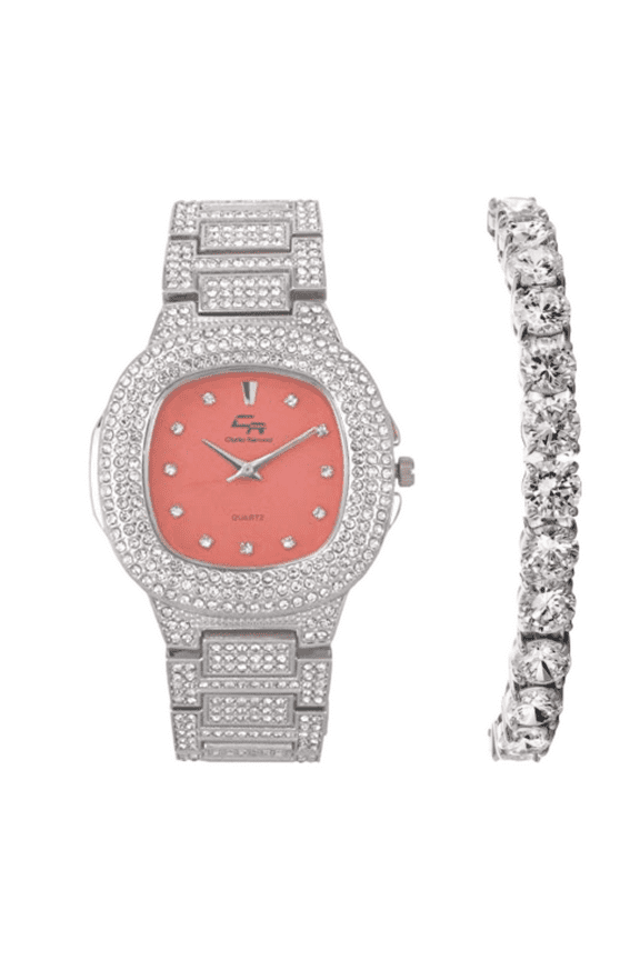 Bling Bling Hip Hop Iced Out Watches Nauti Designer Look Full Shiny Diamond Watch Case, Dial and Bracelet ST10364DX SLV-Peach -T