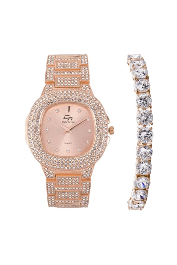 Bling Bling Hip Hop Iced Out Watches Nauti Designer Look Full Shiny Diamond Watch Case, Dial and Bracelet ST10364DX Rose Gld - Blush - T