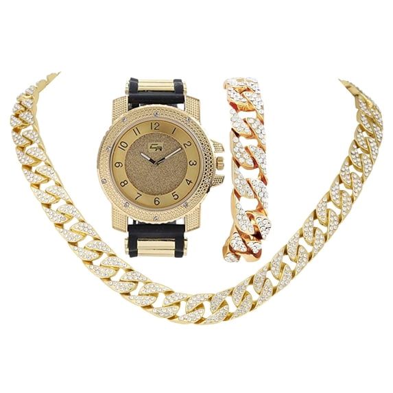 CHARLES RAYMOND Bling-ed Out It's Lit! Hip Hop Watch & Jewelry Set w/Cuban Chain and Cuban Bracelet - GJM Set (GJM-CB (0586 Blk-Gld Dial))
