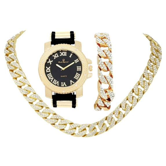 CHARLES RAYMOND Bling-ed Out It's Lit! Hip Hop Watch & Jewelry Set w/Cuban Chain and Cuban Bracelet - GJM Set (GJM-CB (GJM - Black - Gold))