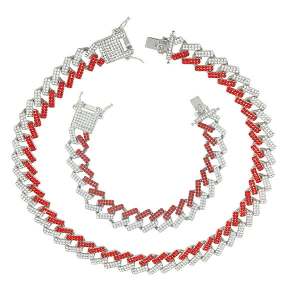 CHARLES RAYMOND- Boss Up and Flex with Bling'ed Out Hip Hop Jewelry - ZZ Miami Cuban Mens Necklace and Bracelet with Unique Lock and Iced Out Diamonds !! The Perfect Drip !! - ZZ Slv-Red NB- 20