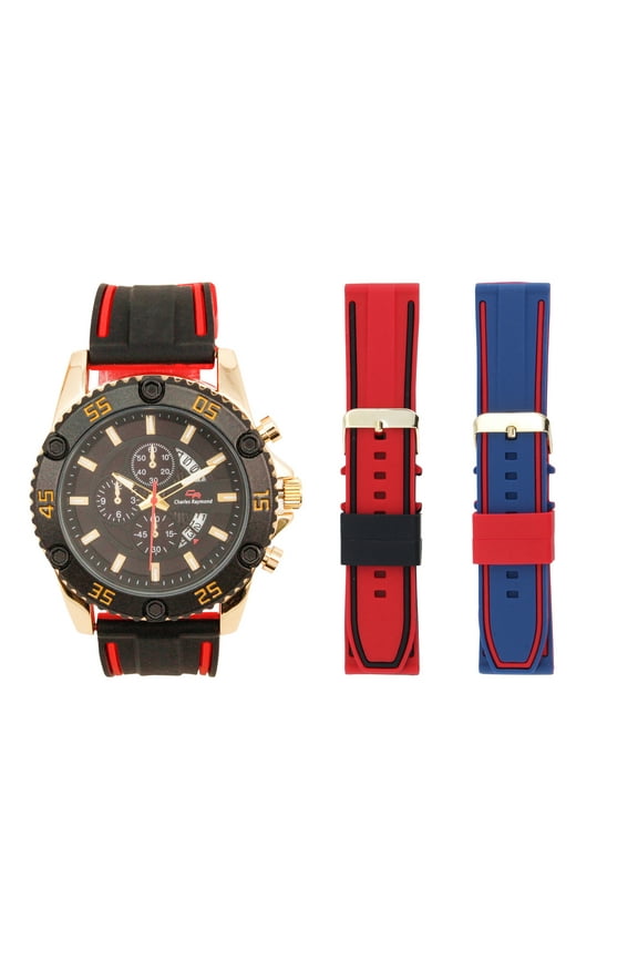 Fashion Mens Watches Luxury Silicone Sport Watch Men Quartz Date Clock Waterproof Wristwatch Chronograph- With Two Extra Strap - Sports 9739 Set (Sports 9739 Gld Blk Set)