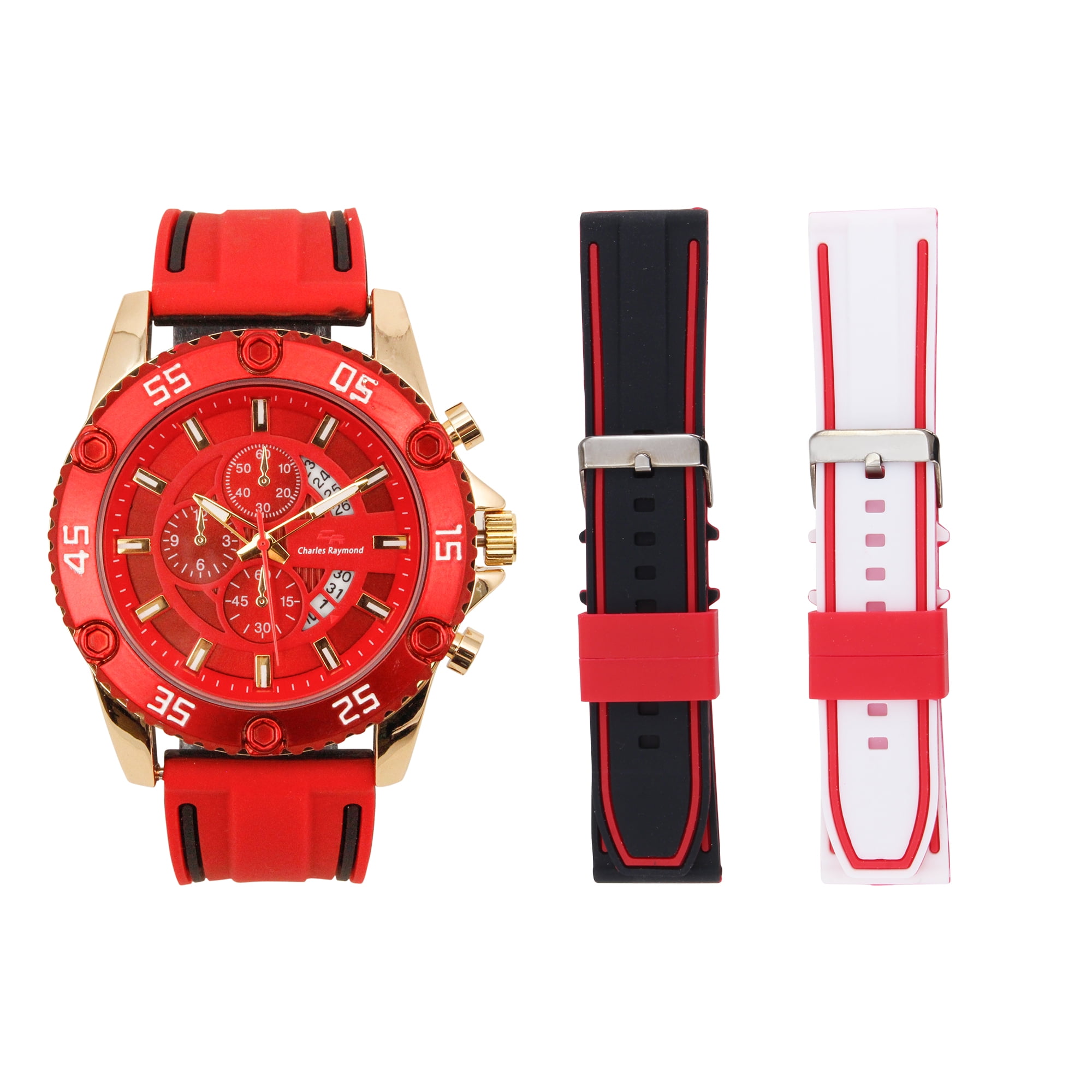 CHARLES RAYMOND Fashion Mens Watches Luxury Silicone Sport Watch Men Quartz Date Clock Waterproof Wristwatch Chronograph With Two Extra Strap Sports 9739 Set Sports 9739 Gld Red Set Walmart