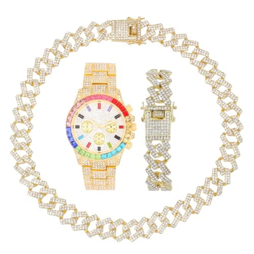 CHARLES RAYMOND Iced Out Mens Color on Blast Watch Single or Combo Sets with Blinged Out Bracelets Set. Iced Out Colourful Rainbow Flame Collection (ST10401 GLD ZZ Set)