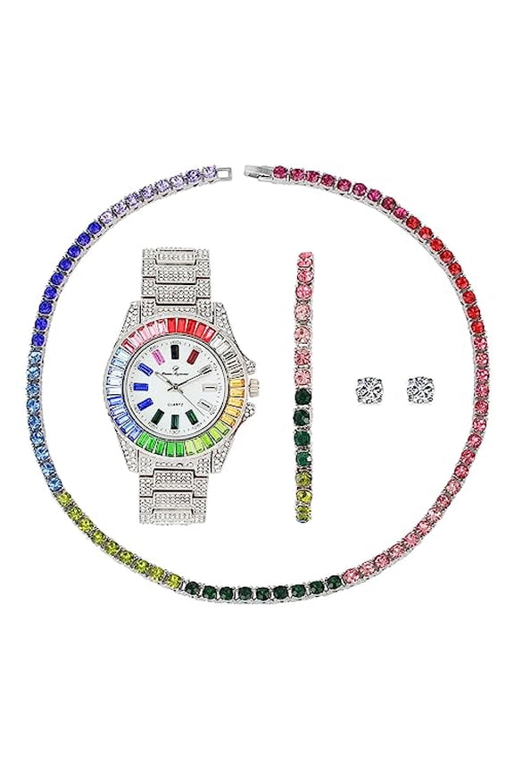 Women's Baguette Cut Rainbow Iced Out Watch With Bling'ed Out Tennis Bracelet or Necklace with Matching Diamond Crystal Set - Rainbow - 23 (20", ST10372MLA SLV 4pcs)