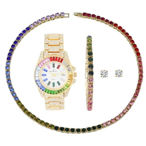 CHARLES RAYMOND Women's Baguette Cut Rainbow Iced Out Watch With Bling'ed Out Tennis Bracelet or Necklace with Matching Diamond Crystal Set - Rainbow - 23 (24", ST10372MLA GLD 4pcs)