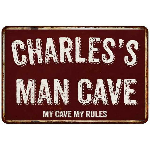 CHARLES'S Man Cave Red Grunge Sign 8 x 12 High Gloss Metal Sign 208120003379