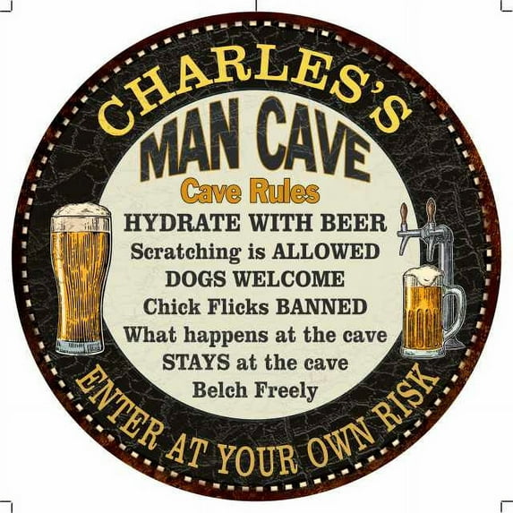 CHARLES'S Man Cave Rules 12" Round Metal Sign Garage Wall Decor 200120010380