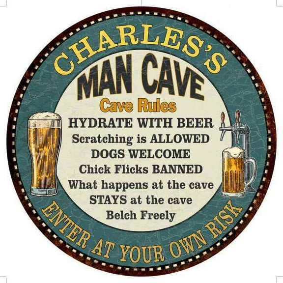 CHARLES'S Man Cave Rules 14" Round Metal Sign Garage Wall Decor 100140009380