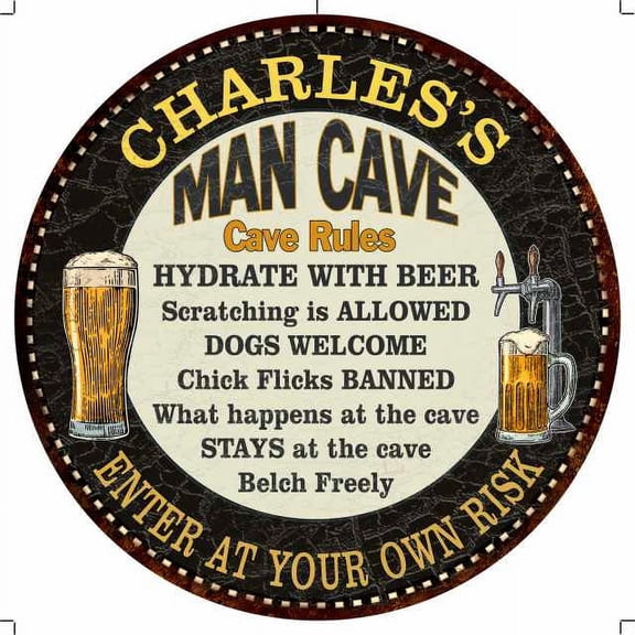 CHARLES'S Man Cave Rules 14" Round Metal Sign Garage Wall Decor 100140010380