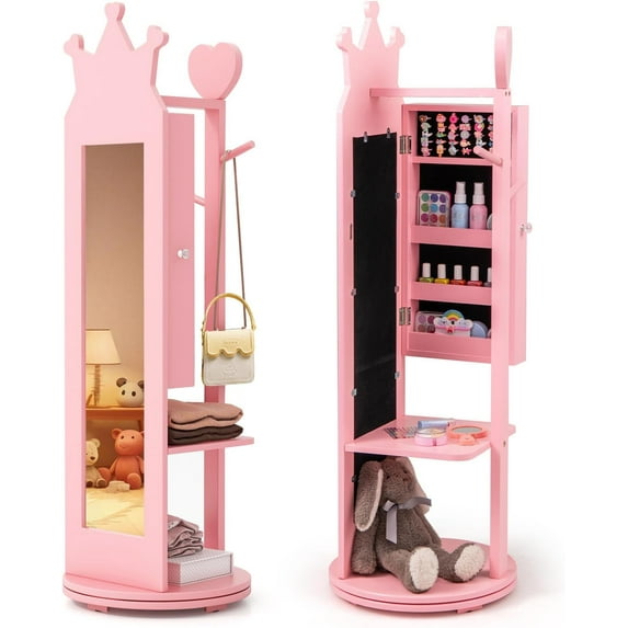 CHARMAID 360 Swivel Kids Jewelry Cabinet Armoire, Full Length Mirror, Coat Rack, Storage Shelves, 44'' Standing Vanity Dressing Mirror, Kids Jewelry Organizer for Girls (Pink)