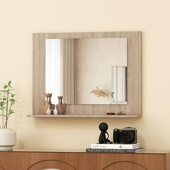 CHARMAID Bathroom Mirror with Shelf - 24" x 18" Wall Mirror Over Bathroom Sink, Wooden Frame Modern Rectangular Hanging Vanity Makeup Mirror for Washroom Entryway, Light Brown