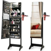 CHARMAID Jewelry Cabinet Armoire with Full Length Mirror, Flip-open Vanity Mirror, 3 Color LED Lights, Hair Dryer Holder, Lockable Standing Jewelry Organizer with Storage Shelves Drawers (Black)