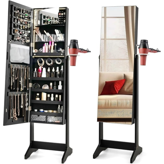 CHARMAID Jewelry Cabinet Armoire with Full Length Mirror, Flip-open Vanity Mirror, 3 Color LED Lights, Hair Dryer Holder, Lockable Standing Jewelry Organizer with Storage Shelves Drawers (Black)