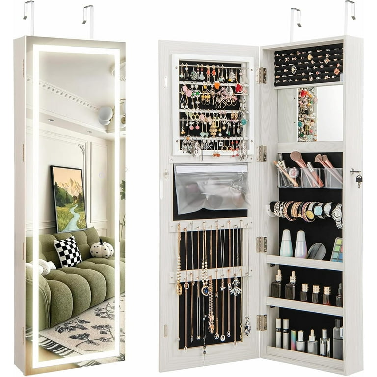 CHARMAID LED Mirror Jewelry Cabinet 47.2 Jewelry Armoire with Adjustable Lighted Full Length Mirror Wall Mounted or Door Hanging Lockable Jewelry Organizer Storage Grayish White 47.2 H Walmart