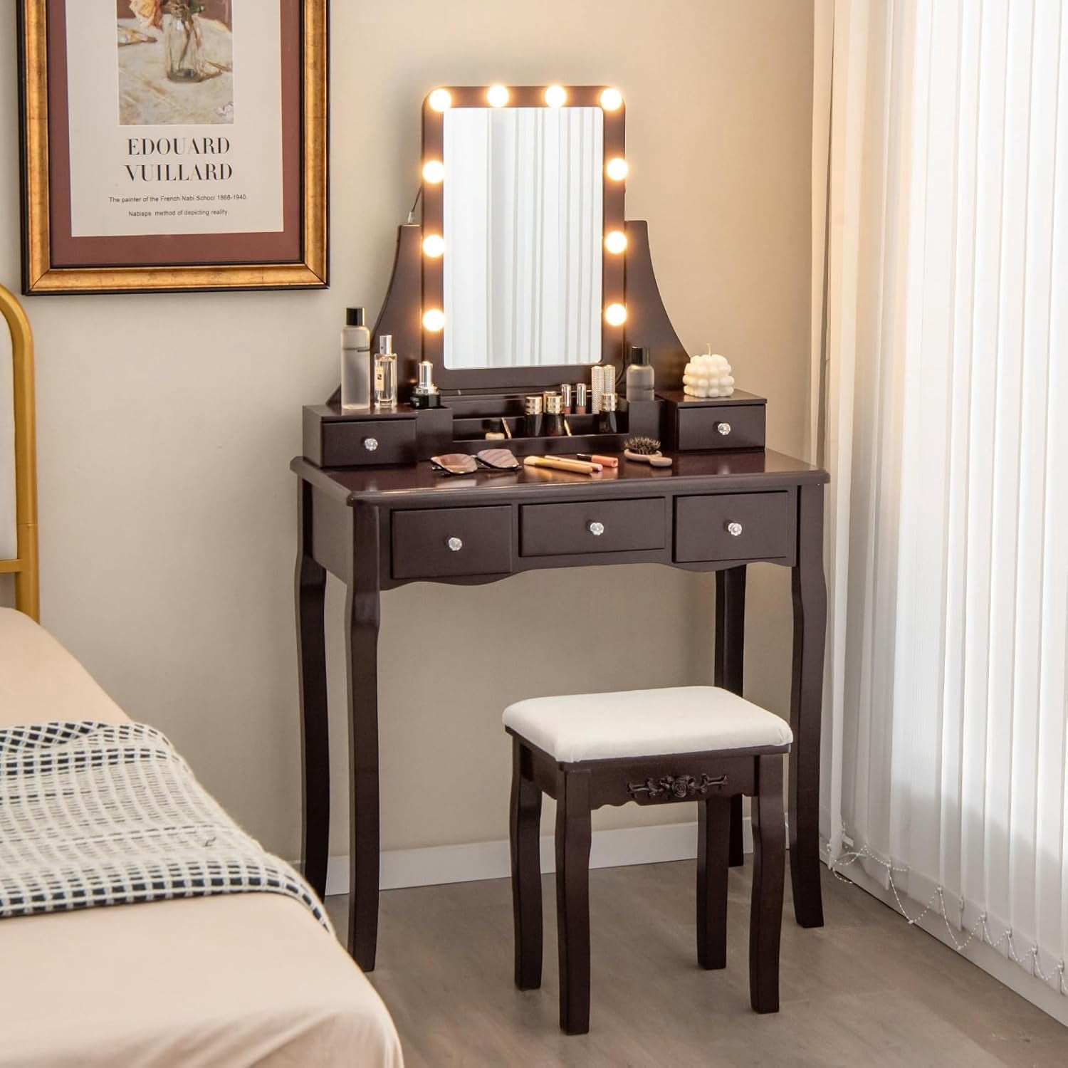 Vintage Makeup Vanity Table With Mirror & Stool - 39 Inch Mid-Century Dressing Table With 5 Drawers For Bedroom