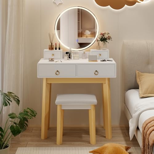 CHARMAID Vanity Desk with Mirror and Lights, White Makeup Vanity Desk with 4 Drawers, 3 Color Lighting Modes, Adjustable Brightness, Modern Dressing Table with Vanity Stool for Girls Small Bedroom
