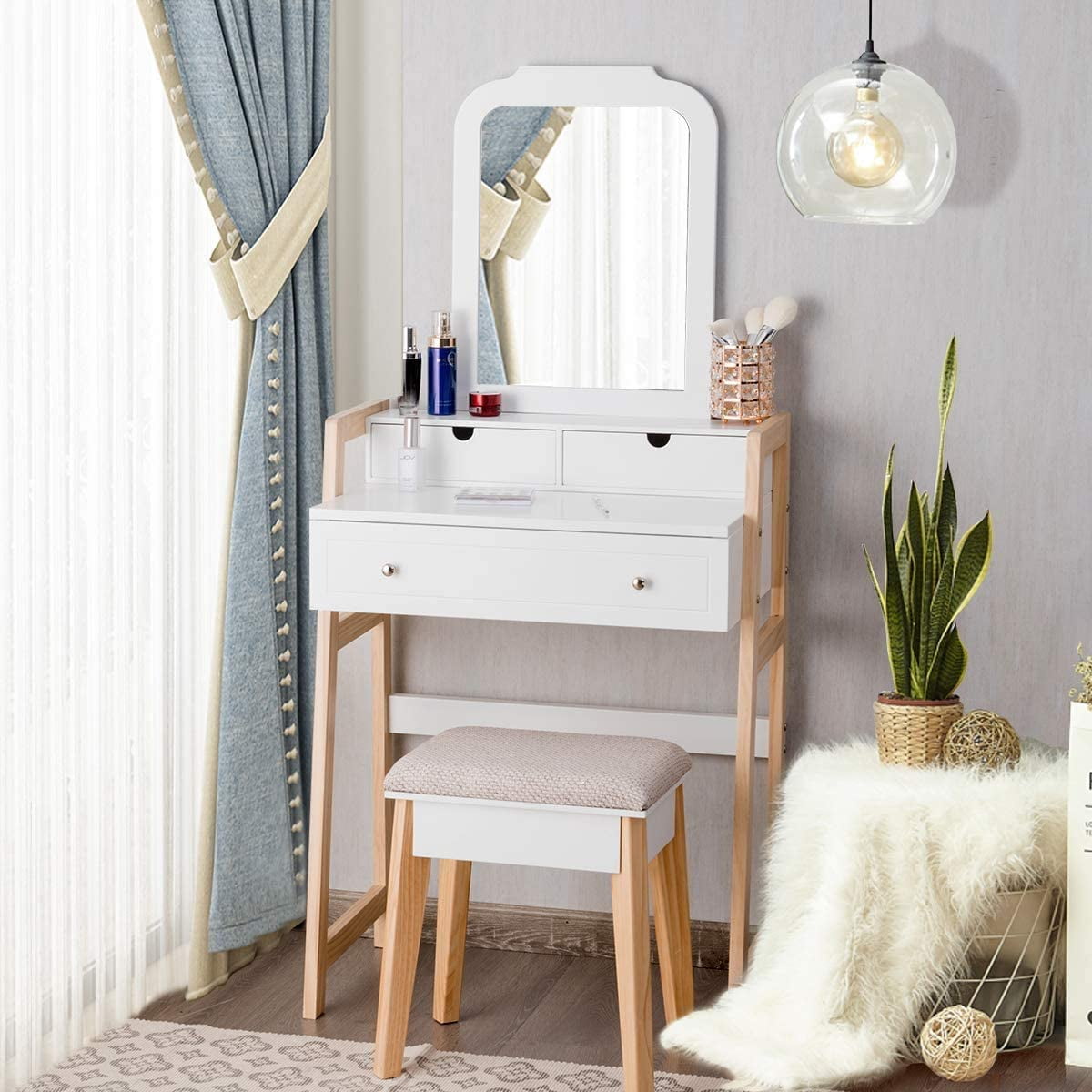 CHARMAID Vanity Table Set With Rotating Mirror – Makeup Dressing Table With 5 Drawers & Stool, White Or Black