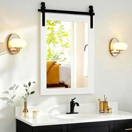CHARMAID Wood Framed Bathroom Mirror for Wall, 30" x 22" Barn Door Style Vanity Mirrors, Metal Bracket, Rectangle Farmhouse Wall Mirror for Living Room, Entryway, Bedroom, Vertical, White