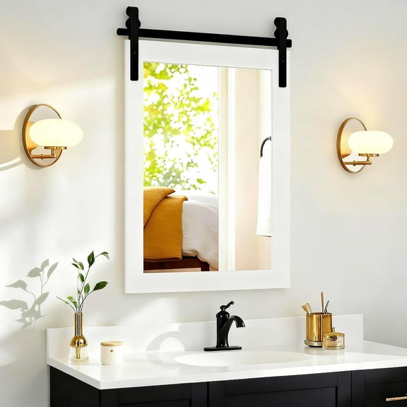 CHARMAID Wood Framed Bathroom Mirror for Wall, 30" x 22" Barn Door Style Vanity Mirrors, Metal Bracket, Rectangle Farmhouse Wall Mirror for Living Room, Entryway, Bedroom, Vertical, White