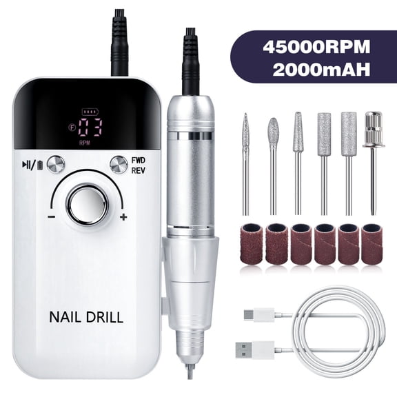 CHARMDOO 45000 RPM Portable Electric Nail File, Cordless Manicure Drill with LCD Screen, 6 Bits, and Sanding Bands for Home Salon Acrylic Nails