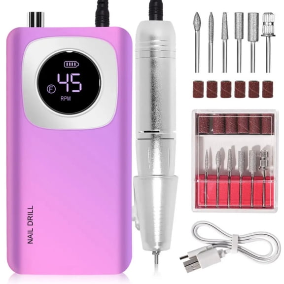 CHARMDOO Cordless Rechargeable Nail Drill with LCD Display - 1800mAh Portable Electric E-File, USB Manicure & Pedicure Machine for Nail Art and Care.Purple