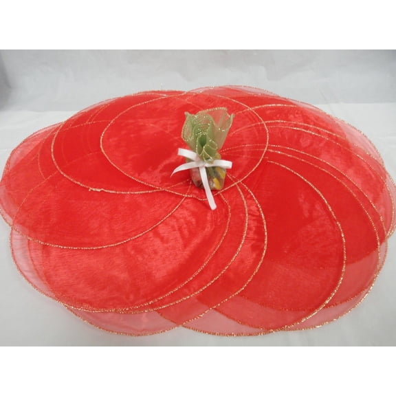 CHARMED 100 PIECES 9" ORGANZA CIRCLE TULLE. RED WITH GOLD COLOR EDGE.