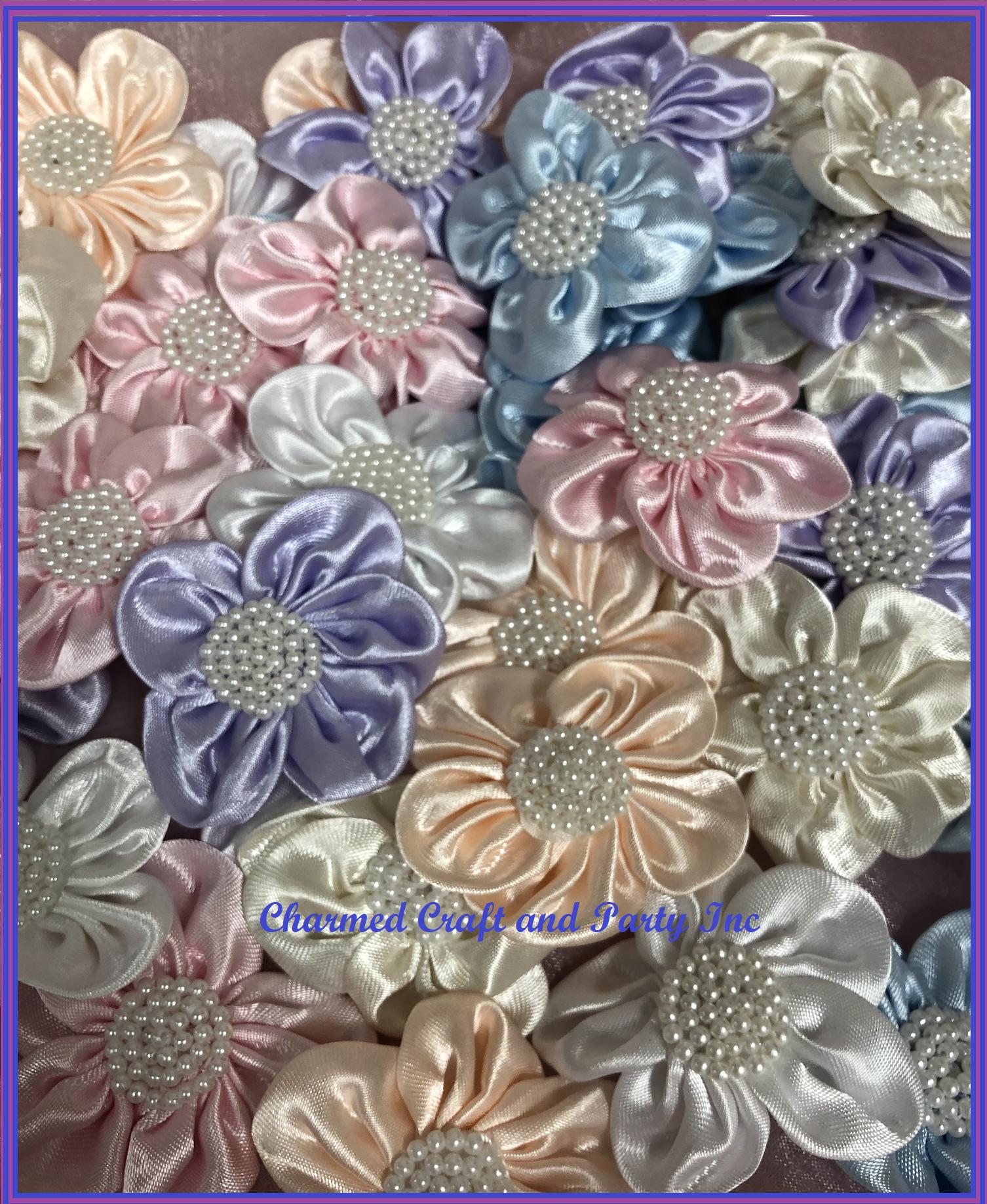 CHARMED 2 1/4" Satin W/ Pearls Flowers Arts Crafts DIY Applique 50 pieces - image 1 of 3