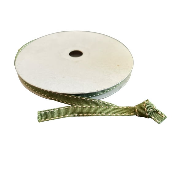 CHARMED 3/8" Double Sided Grosgrain Ribbon with Stitches 25 Yards; Olive Green With Tan Stitches