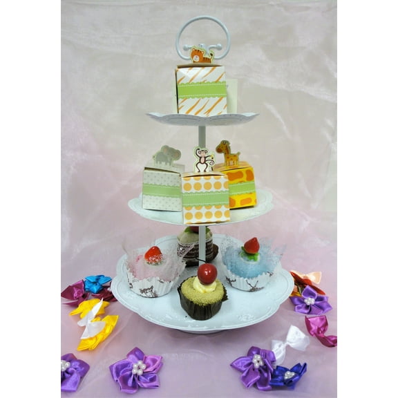 CHARMED IRON 3 TIERS DESSERT CUPCAKE SWEET STAND VICTORIAN GARDEN PARTY; WHITE COLOR