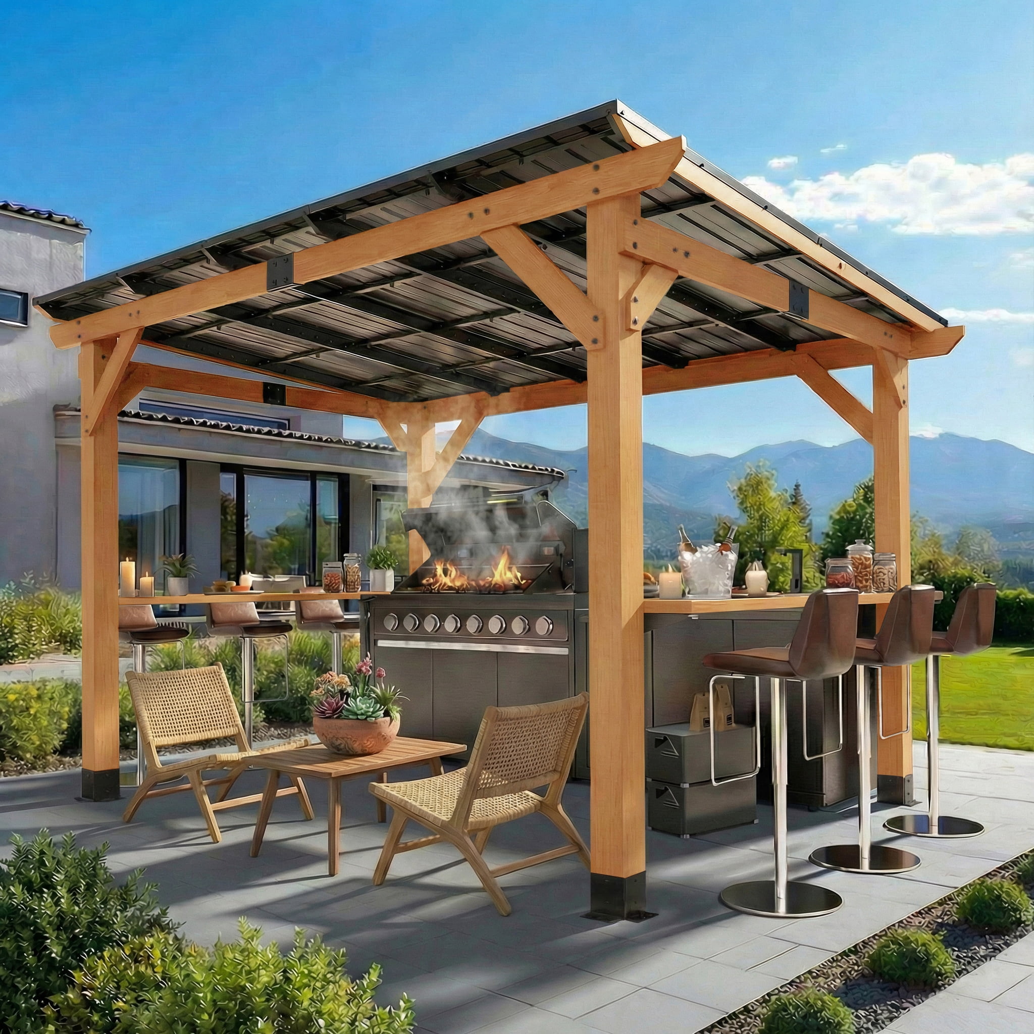 CHARMELEON Grill Gazebo 8 x 10 FT, Cedar Wood Hardtop Gazebo with Galvanized Steel Roof, Built-in Side Shelves, Heavy-Duty Frame for Backyard, Deck, Lawn