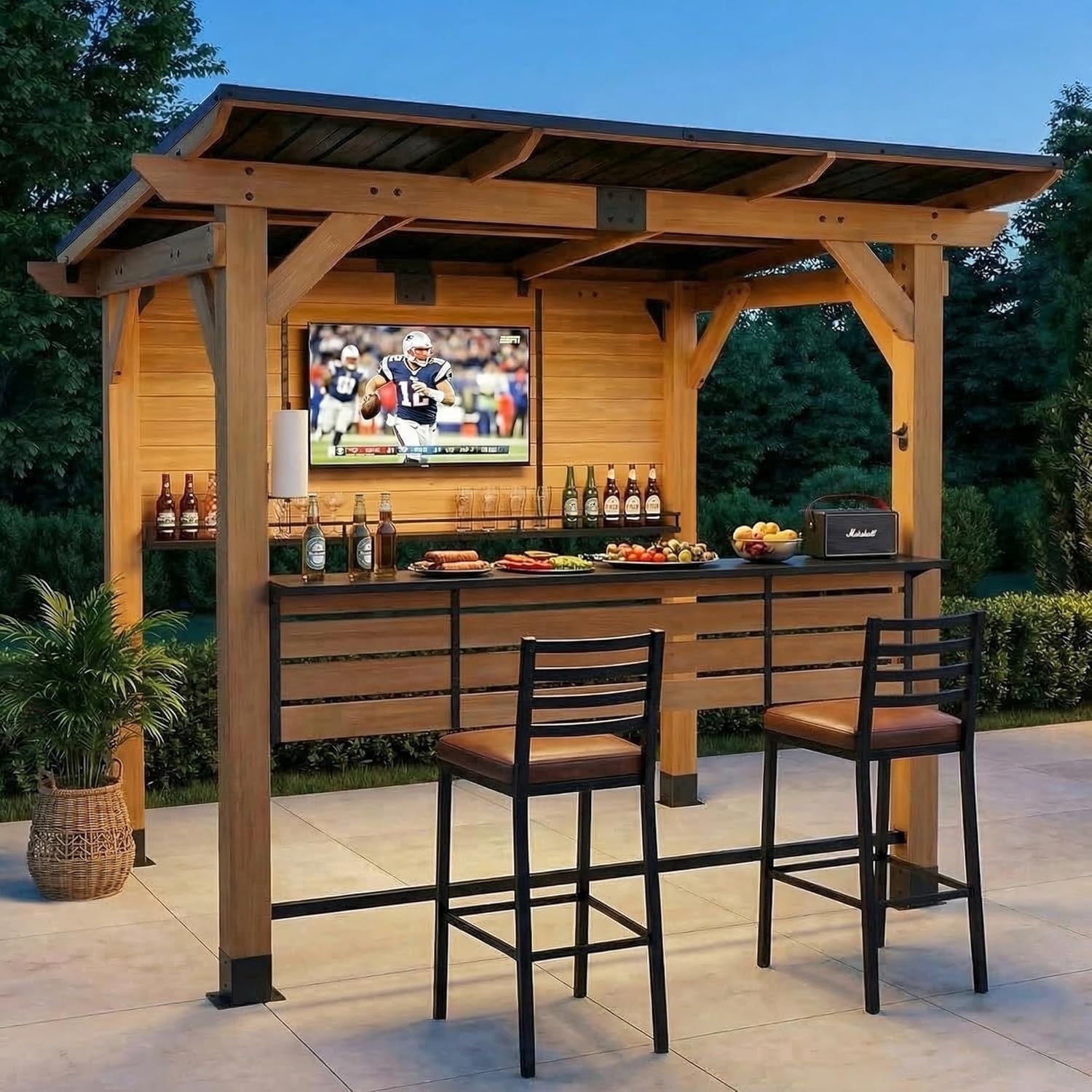 CHARMELEON 6 Ft. X 8 Ft. Cedar Wood Bar Gazebo With Countertop Shelves & TV Mount, Galvanized Steel Roof For Outdoor Patio, Backyard, Garden Grill Bar Station