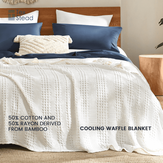 CHARRYARN By TexStead Waffle Blanket 50% Cotton Weave Blanket Soft Lightweight Breathable,Throw for Couch All Seasons,90*90in,white