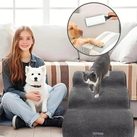 CHARRYARN By Texstead Pet Ramp for Couch Or Bed, 2/4-Steps Pet Stairs & Steps for Small Dogs, Old Cats and Short-Legged Dogs (4 Steps, Dark Gray)