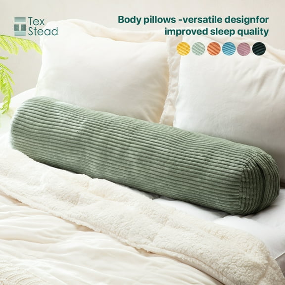 CHARRYARN by TexStead Cuddle Pillow Bolster Pillow Corduroy Cylindrical Bed Pillow - Multifunctional Long Pillow- uitable for yoga,Lumbar and Neck Support Roll Pillow-Light Green(8"x35.4")