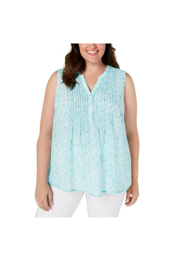 $64 Womens New Aqua Printed Pintucked Top PL Petites B+B