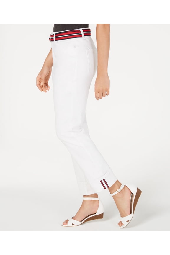 $69 Womens New White Belted Skinny Casual Jeans 8 B+B