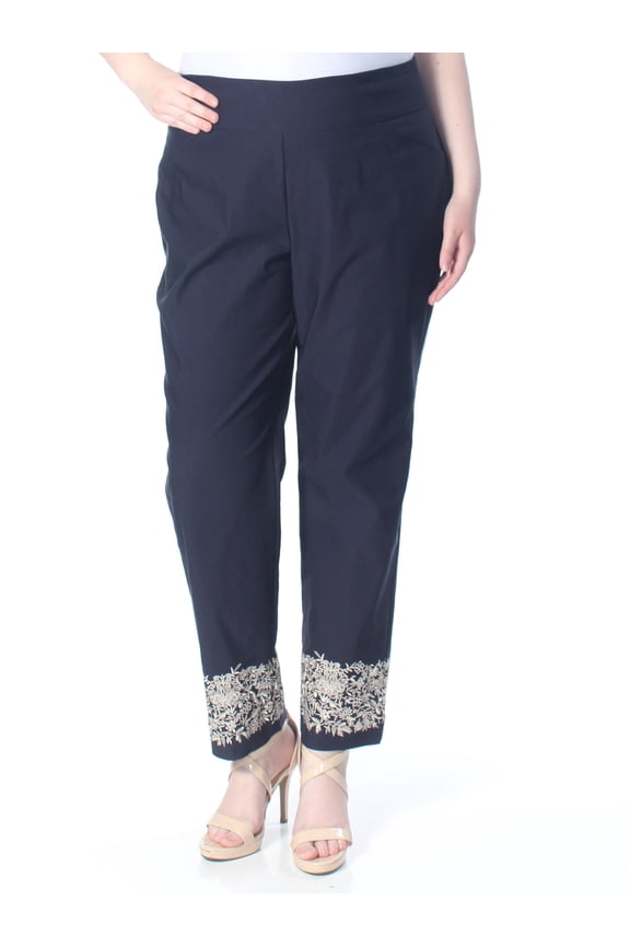 $79 Womens Navy Tummy Control Embroidered Cuff Pants 18W Plus B+B