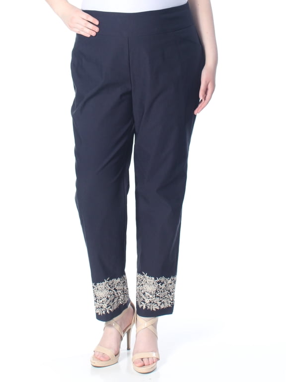 $79 Womens Navy Tummy Control Embroidered Cuff Pants 18W Plus B+B