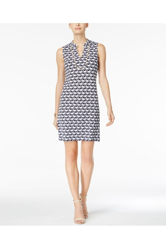 Printed Split Neck Shift Dress Intrepid Blue Flamingos L