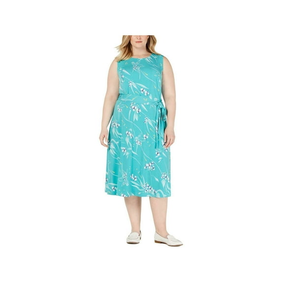 CHARTER CLUB $89 Womens New Turquoise Floral Belted Sleeveless Shift Dress S B+B