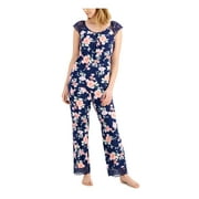 CHARTER CLUB Sets Navy Stretch Lace Floral Cap Sleeve Round Neck T-Shirt Straight leg Everyday Size XS