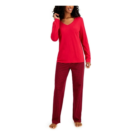 CHARTER CLUB Sets Red Elastic Band Solid Long Sleeve V Neck T-Shirt Straight leg Sleepwear Size S