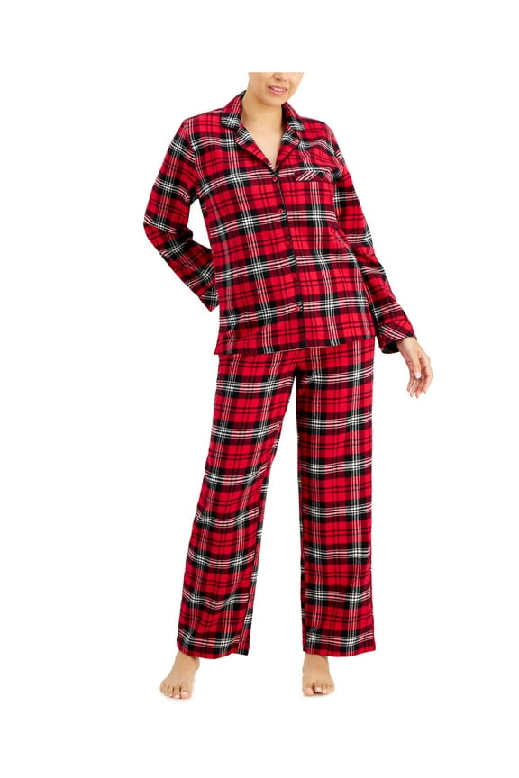 Sets Red Flannel Elastic Band Plaid Long Sleeve V Neck Button Up Straight leg Everyday  Size XXL