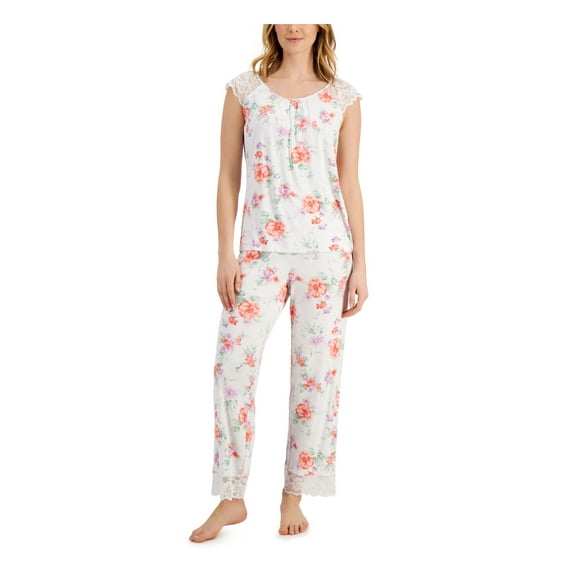 CHARTER CLUB Sets White Stretch Lace Floral Cap Sleeve Round Neck T-Shirt Straight leg Everyday Size XS