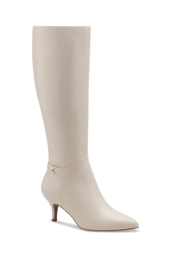 Womens Beige Heel Strap Hardware Accent Cushioned Cruelaa Pointed Toe Stiletto Zip-Up Leather Dress Boots 9.5