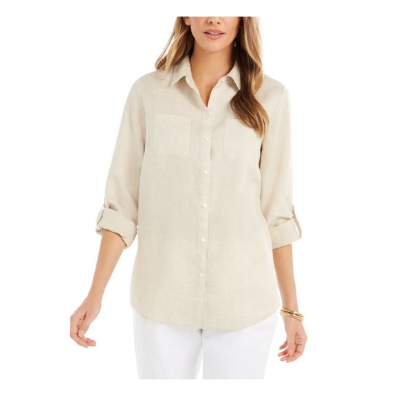 CHARTER CLUB Womens Beige Pocketed Cuffed Sleeve Point Collar Wear To Work Button Up Top S