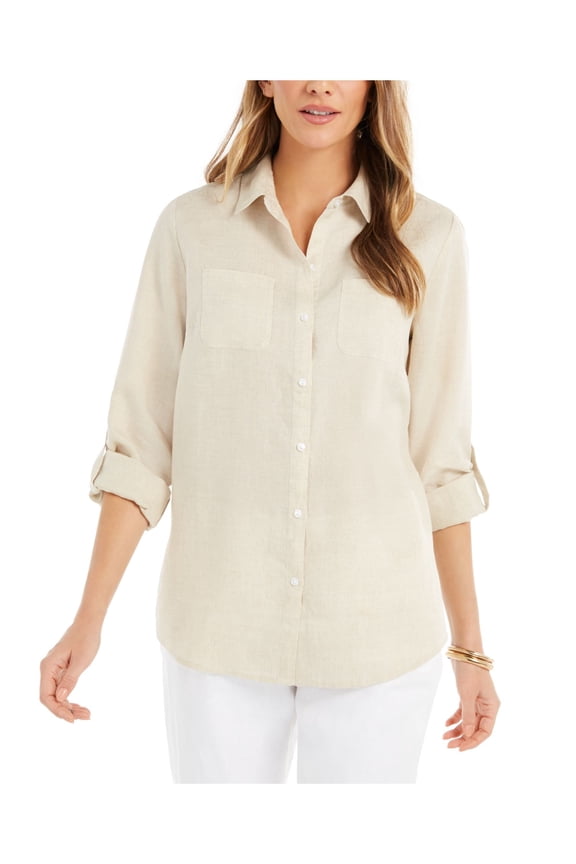 Womens Beige Pocketed Cuffed Sleeve Point Collar Wear To Work Button Up Top S