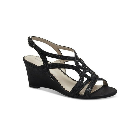 CHARTER CLUB Womens Black Adjustable Strap Padded Metallic Rhinestone Kelsah Round Toe Wedge Buckle Dress Heeled Sandal 7.5 M